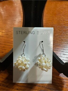 Sterling Silver Cream Pearl Cluster Drop Earrings